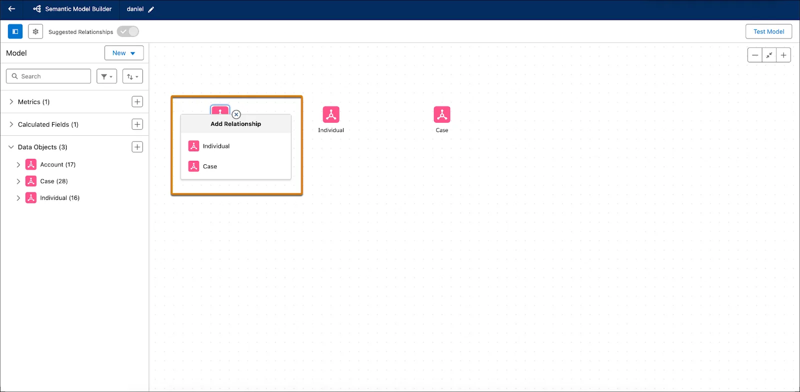 Semantic Model Builder with the Add Relationship dialog open to configure a connection between two data objects.