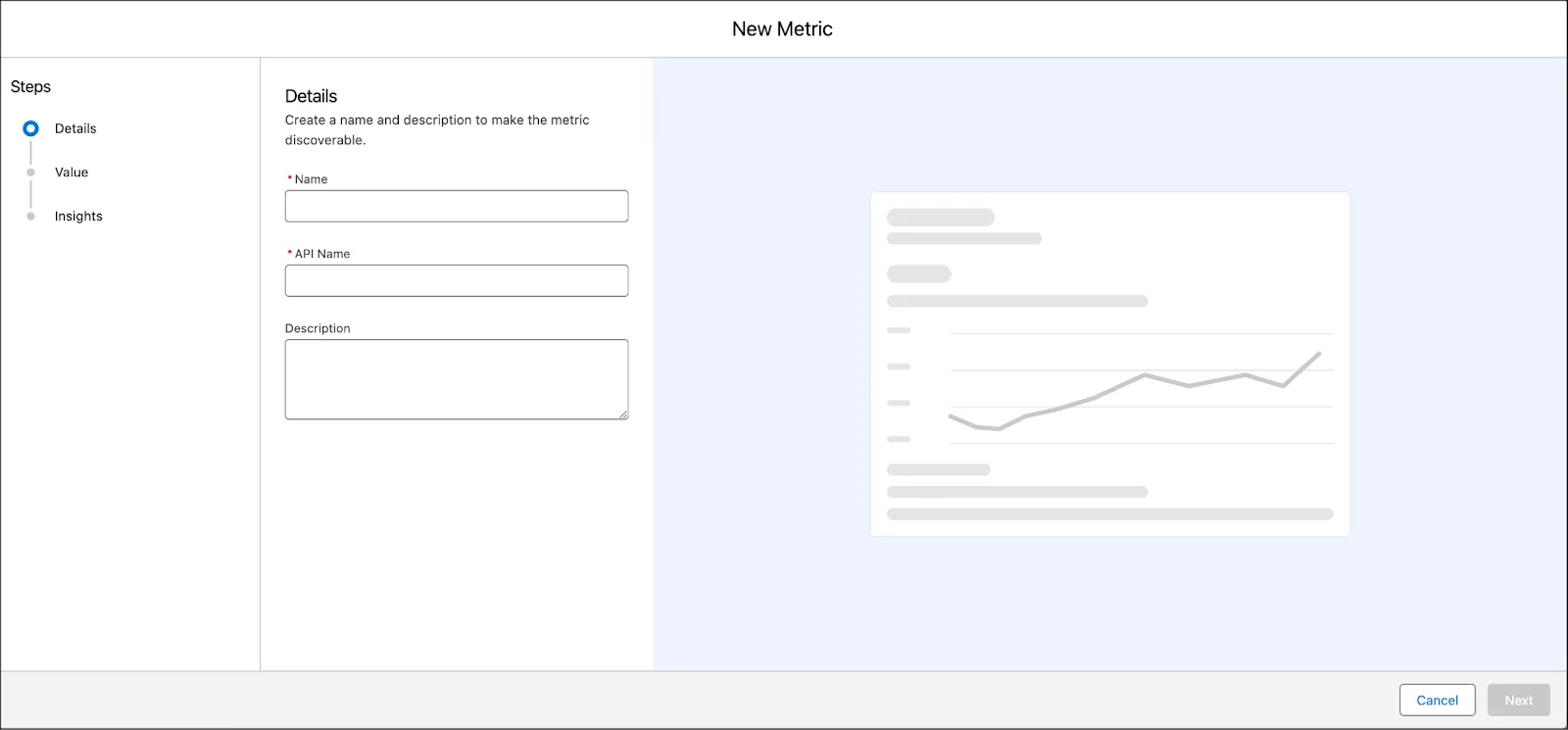 New Metric dialog with empty fields for entering a metric name, formula, and synonyms to define a KPI in the semantic model.