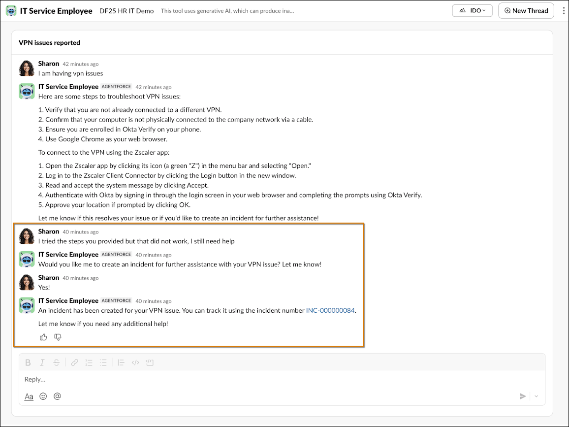 トラブルシューティング手順で問題が解決できなかった後、Agentforce が従業員の新しいインシデントを作成している様子を示す Slack 会話。