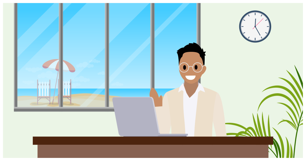 Alex Wu en su oficina de Coral Cloud Resorts, sentado en su escritorio con su computadora portátil y la vista del océano a través de la ventana.