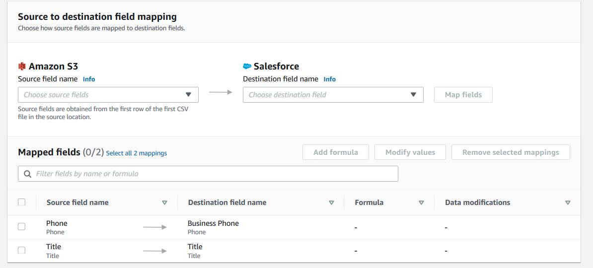 Página de asignación de campos de origen a destino con opciones para asignar datos de un CSV en Amazon S3 a un campo de Salesforce