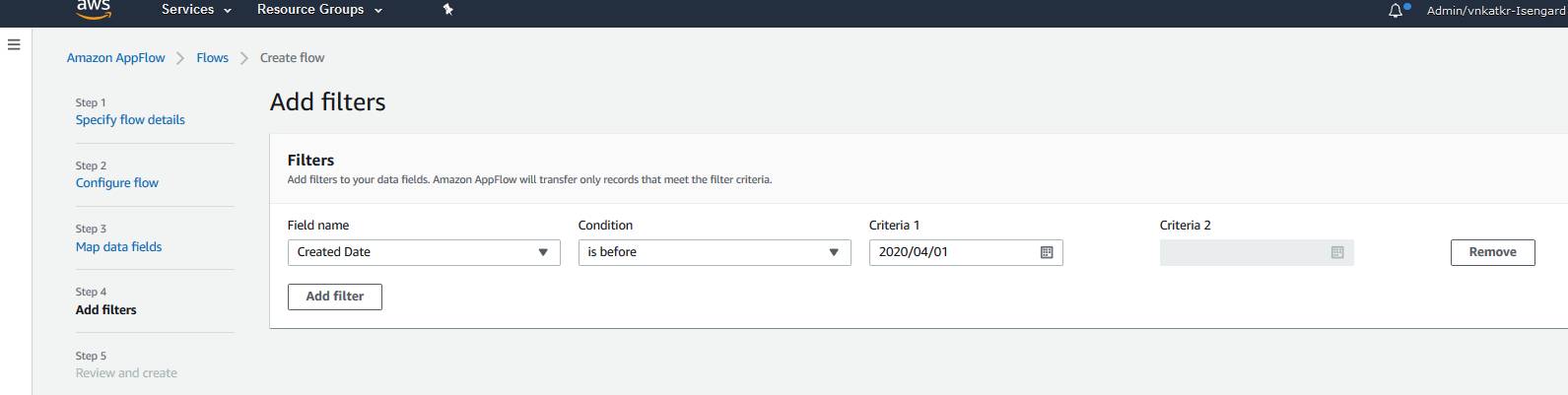 Add filters screen with the Created Date field name selected, is before Condition, and Criteria set to 2020/04/01