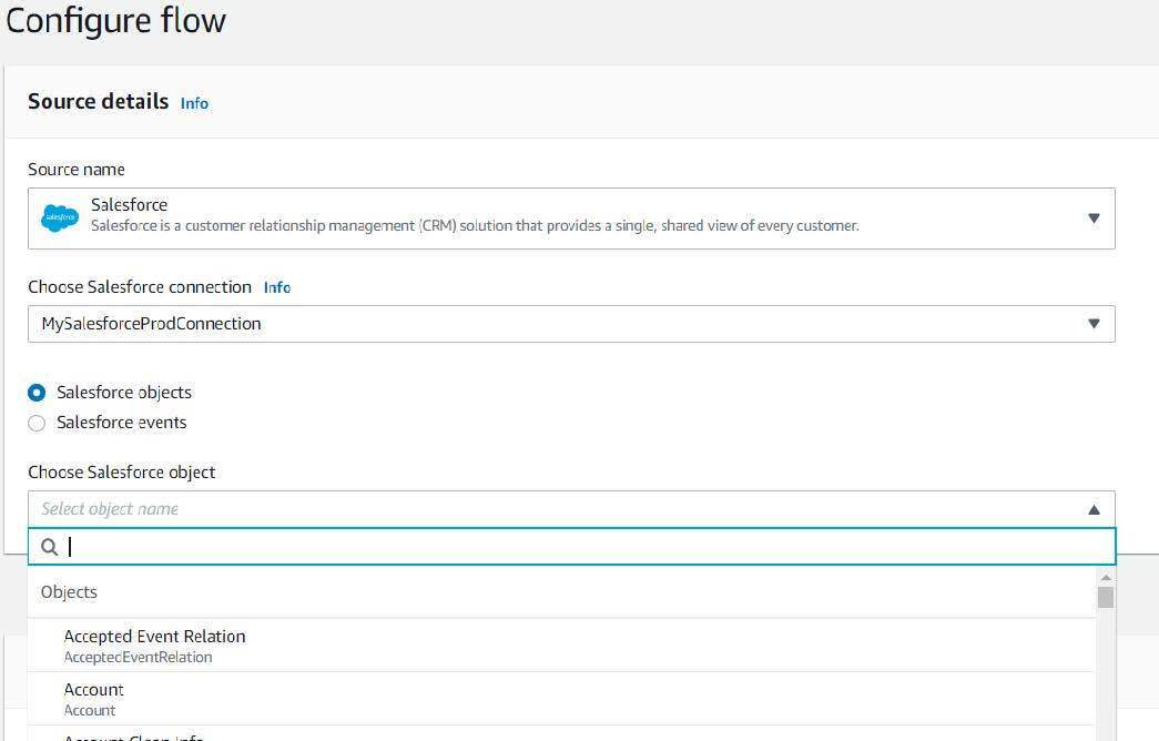 Salesforce가 소스로 선택되고, MySalesforceProdConnection이 선택한 연결로 지정되고, Salesforce 개체 드롭다운이 열려 있는 Configure flow(플로 구성) 화면