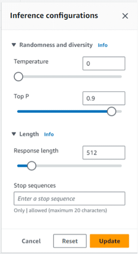 Inference configurations interface; Temperature is toggled to zero and Top P is toggled to 0.9 for Randomness and diversity; Response length is toggled to 512 for Length.
