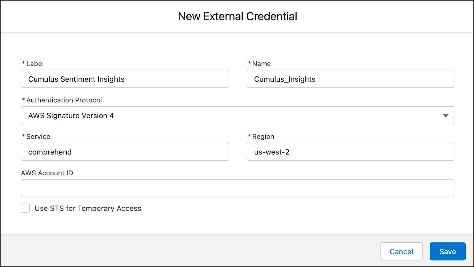 The New External Credential window showing the details of a new external credential.