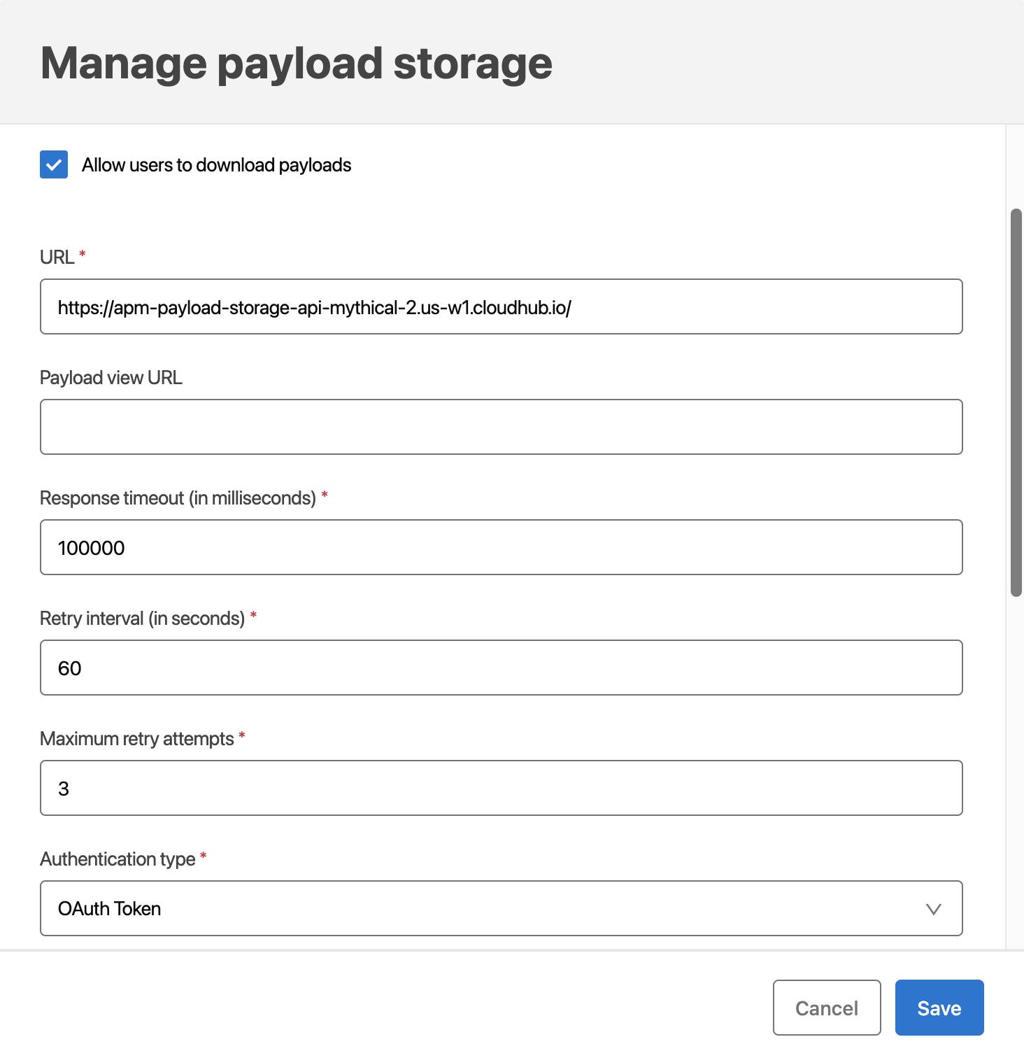Example of Payload Storage API settings with a URL of https://apm-payload-storage-api-mythical-2.us-w1.cloudhub.io