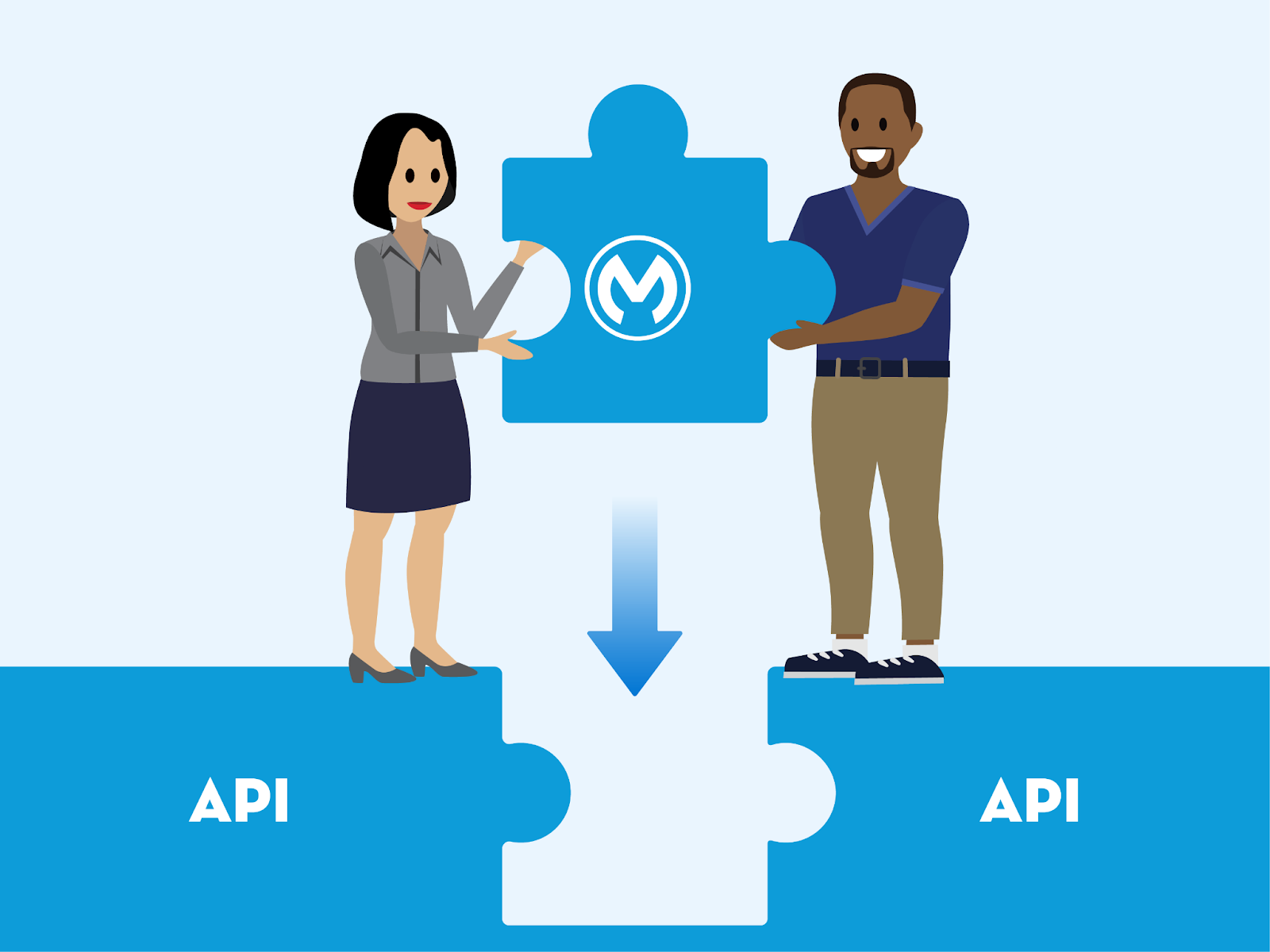 Two people holding a large puzzle piece with the Mulesoft logo, representing how it fills in the API gaps.