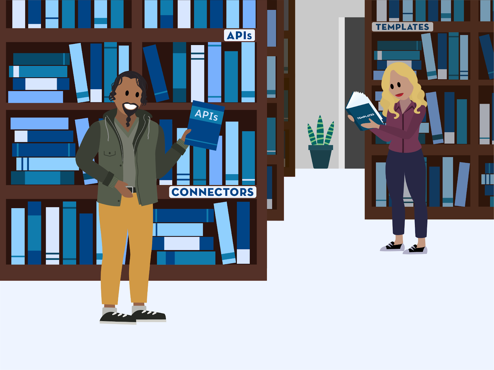 Two people browsing in a library, with shelves labeled APIs, Connectors, and Templates.