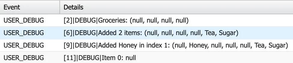 Four debug log events. Line 2 says Initialized groceries: (null, null, null, null). Line 6 says Added 2 items: (null, null, null, null, Tea, Sugar). Line 9 says: Added Honey in index 1: (null, Honey, null, null, null, Tea, Sugar). Line 11 says: Item 0: null.