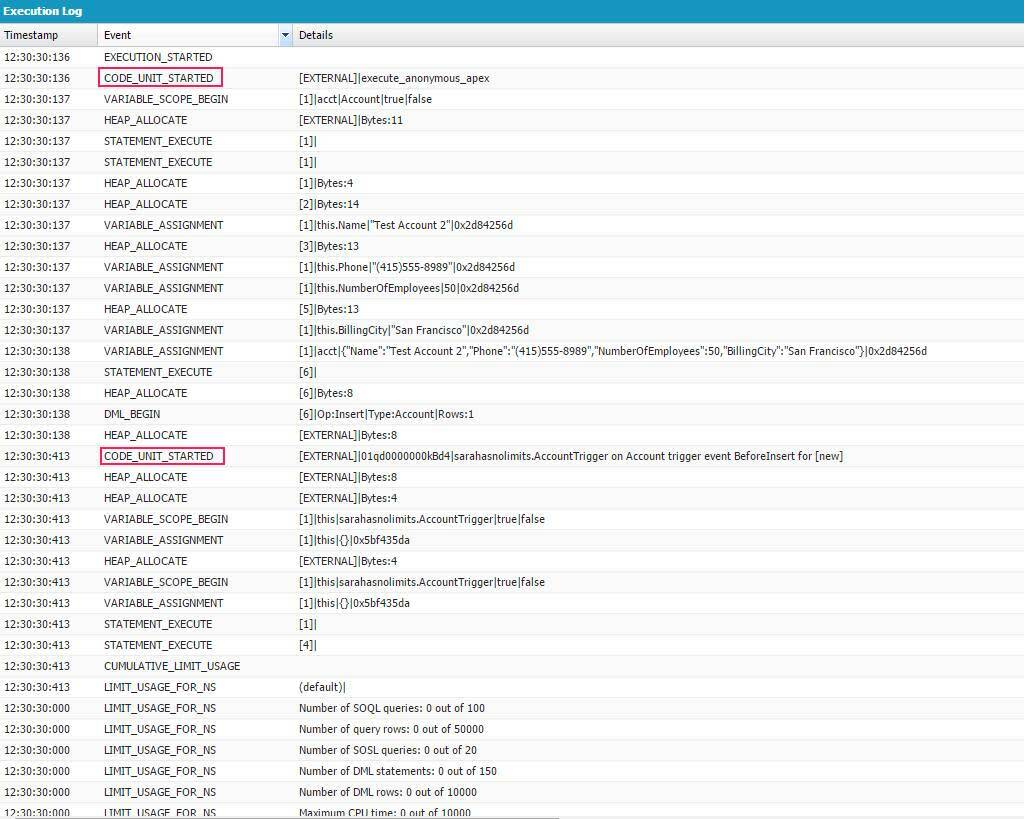 Captura de tela do Registro de depuração no Developer Console, destacando os eventos code_unit_started