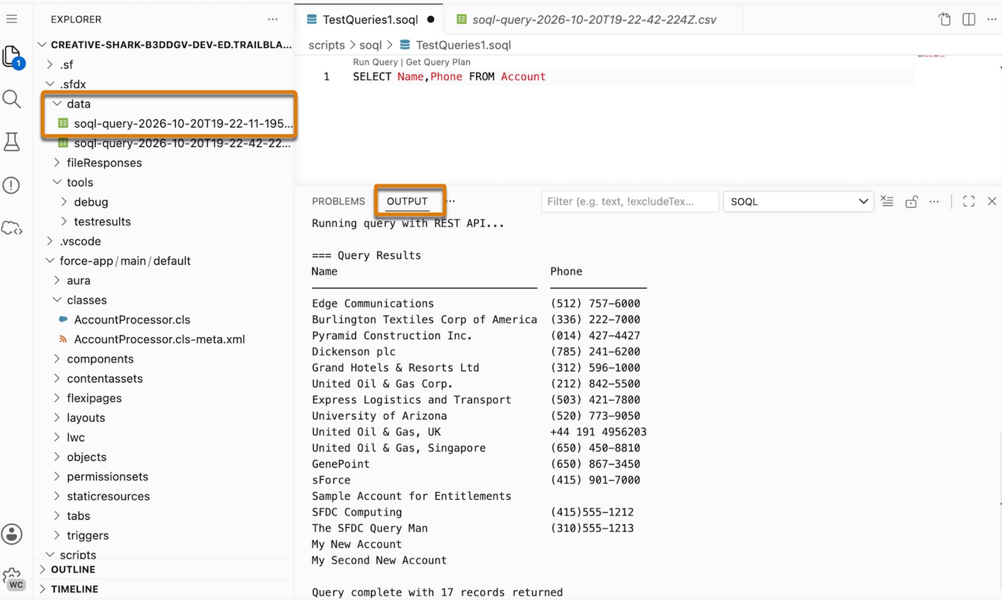 The TestQueries1.soql script file and the Output panel open in Web Console. The Output panel and the query results .csv log file are highlighted.