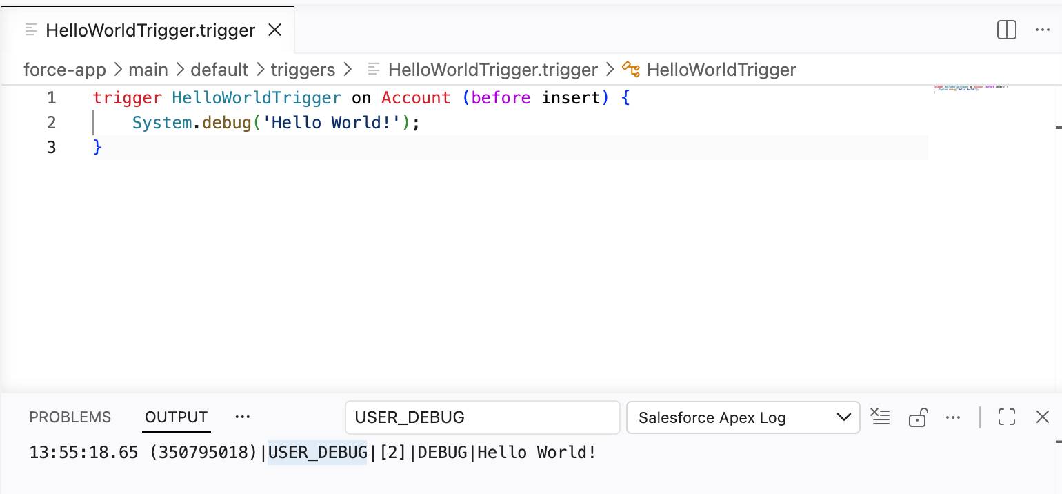 The HelloWorldTrigger.trigger file open in Web Console. The Output panel shows the debug log filtered to USER_DEBUG.