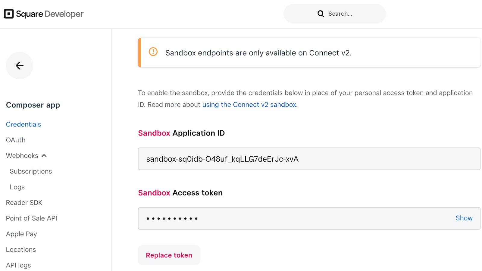 Square Developer の [Credentials (ログイン情報)] ページの [Sandbox Access token (Sandbox アクセストークン)] 項目。