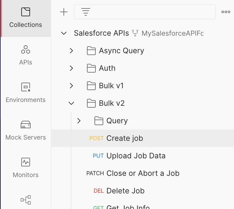 Postman Collection window showing the Bulk v2 folder open and the POST Create Job resource selected.