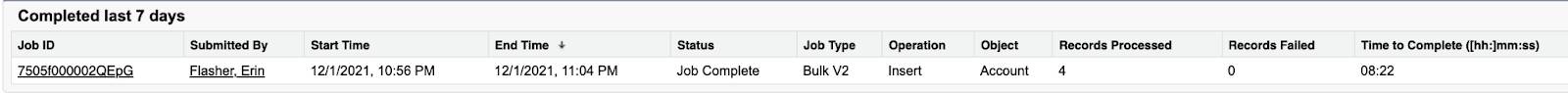 La ventana de configuración de Salesforce muestra los trabajos de carga de datos masivos completados en los últimos siete días.