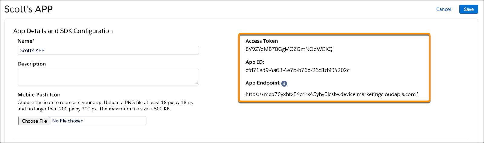 Access Token, App ID, and App Endpoint highlighted in setup screen.