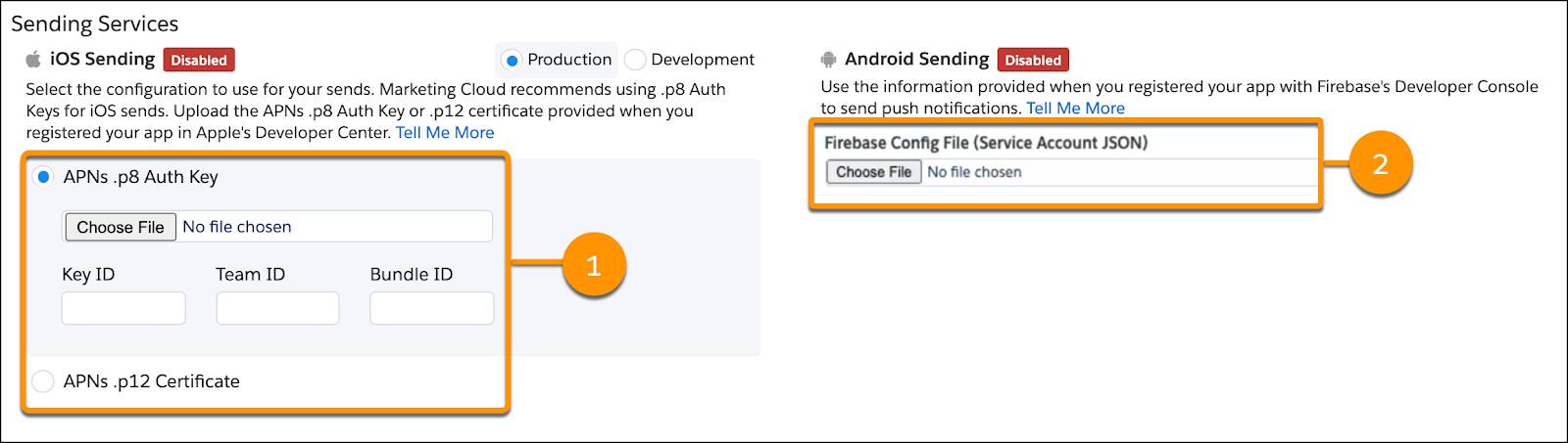 MobilePush setup page highlighting the APNS Clients section where you can add a certificate or enter a password, and the Android clients section where you can upload the server key JSON file.