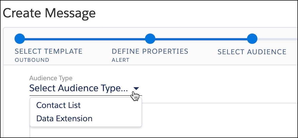 Select audience type dropdown menu with options to select a contact list or data extension.