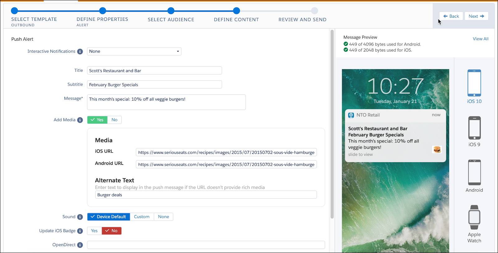 Define content screen with fields to add a title, subtitle, message, and add media. Plus, a preview of the mobile display.