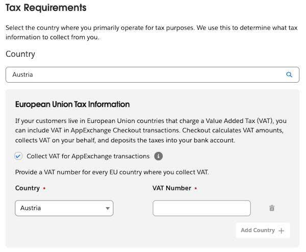A sample Partner Console Set Pricing Tax Requirements section with country and VAT Number text boxes