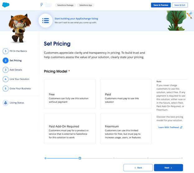 The AgentExchange Partner Console Set Pricing step with Save & Preview, Save & Exit, Back, and Next buttons