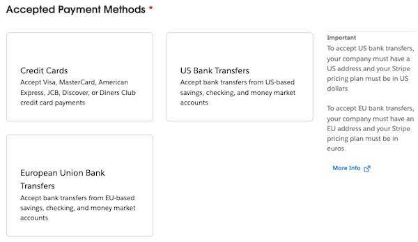 The Accepted Payment Methods section with Credit Cards, US Bank Transfers, and European Union Bank Transfers tiles and a More Info link