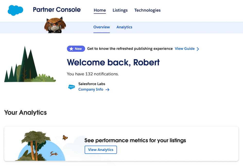 パートナーコンソールのホームページにある [Home (ホーム)]、[Listings (リスティング)]、[Technologies (テクノロジー)] の各タブと [View Analytics (分析を表示)] ボタン。