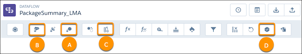 The PackageSummary_LMA dataflow page with buttons corresponding to their use in the following steps