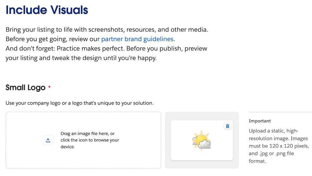 The Include Visuals Listing Builder section with a Small Logo area and an Important note