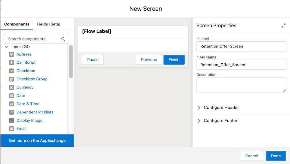 The New Screen form with the Label property label value set to “Retention Differ Screen”
