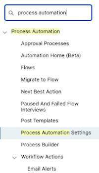 El menú de configuración con automatización de procesos en el cuadro de búsqueda rápida y la opción de configuración de automatización de procesos resaltada