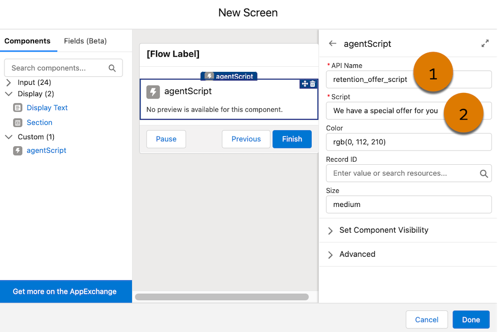 El formulario de configuración de agentScript con los campos API Name (Nombre de API) (1) y Script (Secuencia de comandos) (2)