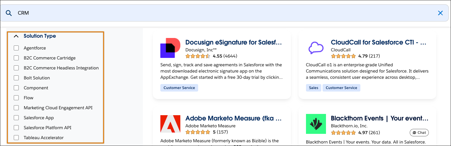 [Solution Type (ソリューションタイプ)] 検索条件領域が強調表示されている AgentExchange の検索結果ページ。