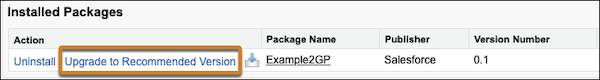 登録者の [Installed Packages (インストール済みパッケージ)] ページに表示される [Upgrade to Recommended Version (推奨バージョンにアップグレード)] リンク。