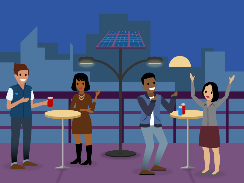 Ursa Major employees at a party in an outdoor, solar-powered pavilion.