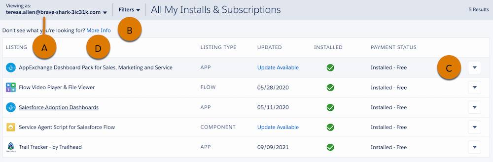 The All My Installs & Subscriptions page with highlights on Viewing as (A), Filters (B), Show More (C), and More Info (D).