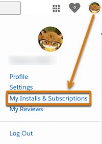 The profile menu with My Installs & Subscriptions highlighted.