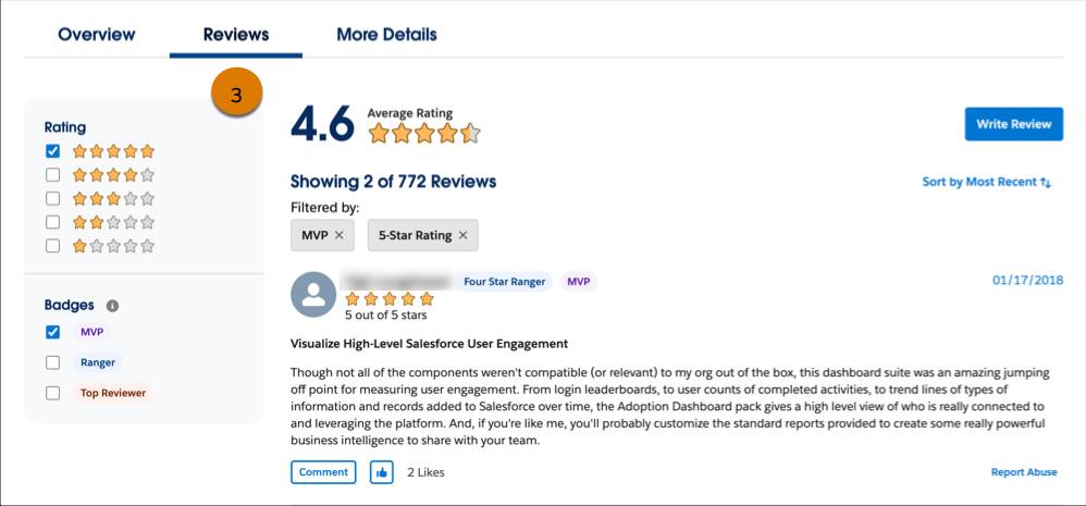 Das Angebot 'Salesforce Adoption Dashboards' mit Hervorhebung der Registerkarte 'Reviews' (Bewertungen) (3).