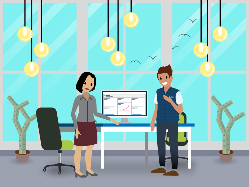 Illustration d’employés d’Ursa Major en train de regarder un ordinateur sur lequel s’affiche un tableau de bord d’adoption de Salesforce.