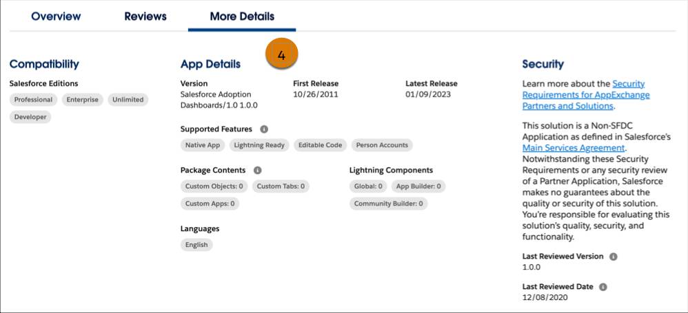 La référence Salesforce Adoption Dashboards avec l’onglet More Details (Plus de détails) (4) en évidence.