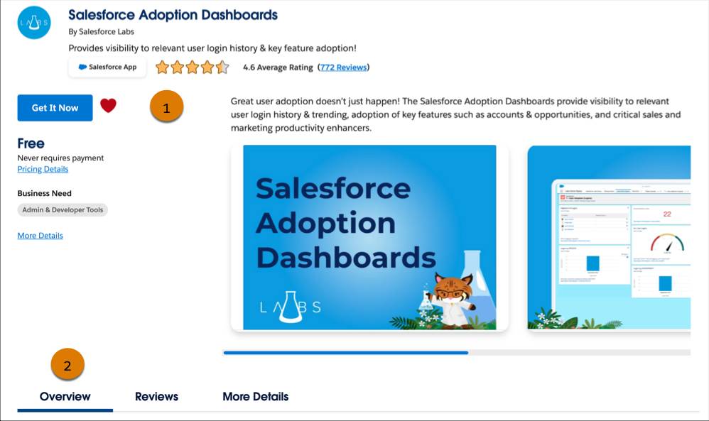 The Salesforce Adoption Dashboards listing with highlights on the summary (1) and Overview tab (2).