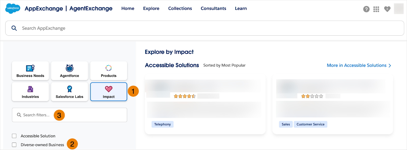 La page Explore (Explorer) avec la vignette Impact (1), le filtre Diverse-owned Business (Entreprises appartenant à des personnes de diverses origines) (2) et la zone de recherche de filtres (3) en évidence
