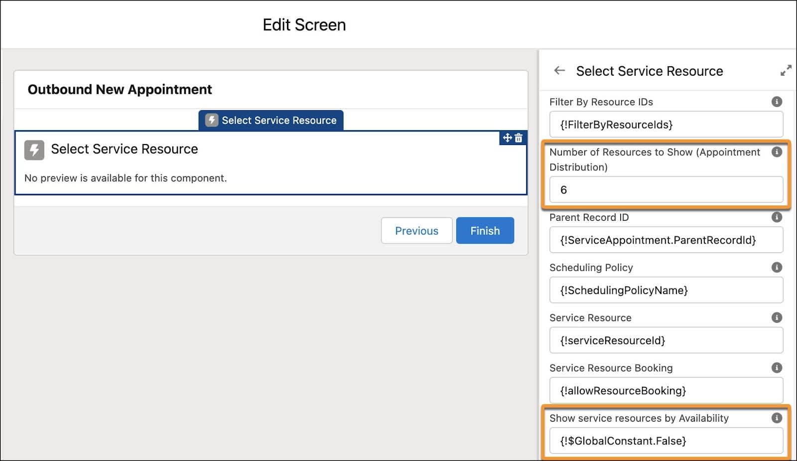 The Edit Screen of the Select Service Resource page with the Number of Resources to Show set to 6 and the Show service resources by Availability attribute set to False.