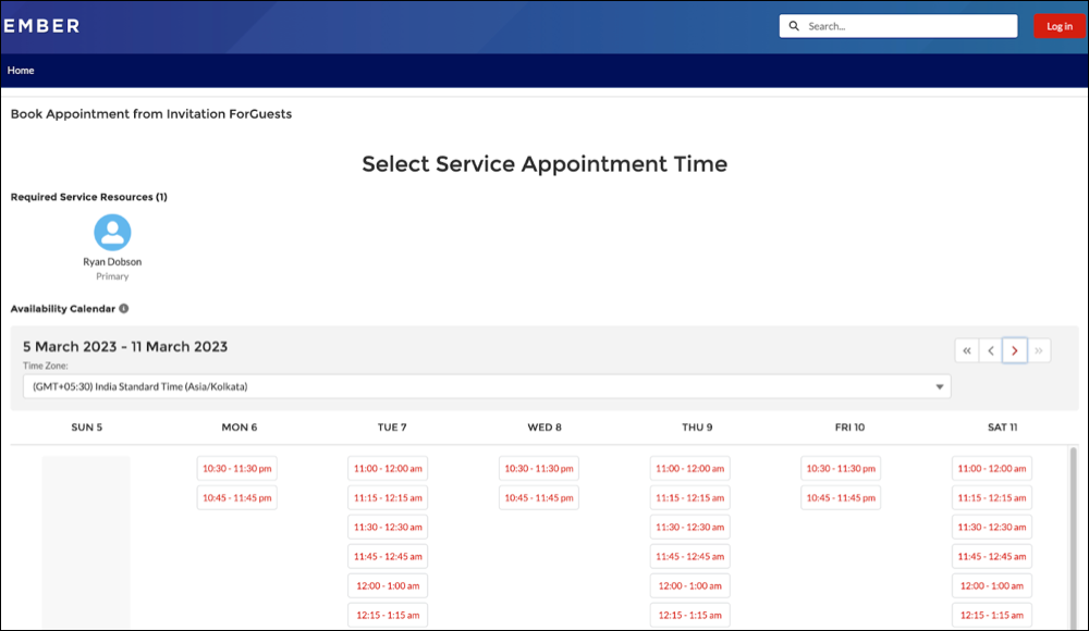 The Experience Cloud site showing the Select Service Appointment Time screen without the user logging in.