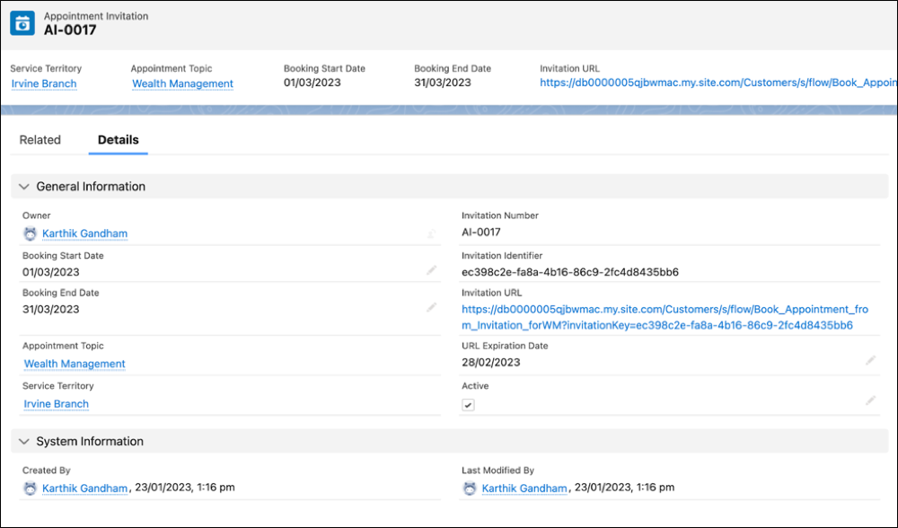An Appointment Invitation record page.