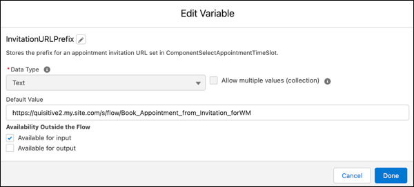 The Edit Variable window of the invitationURLPrefix variable with the Default Value entered.
