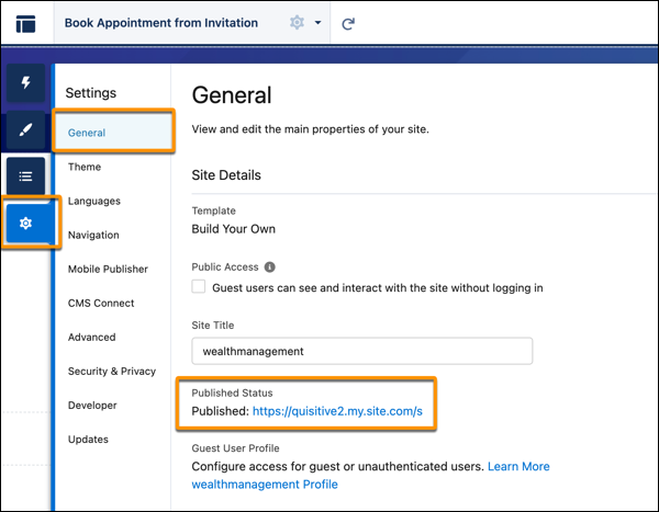The General section of the Experience Cloud site with the published URL highlighted.