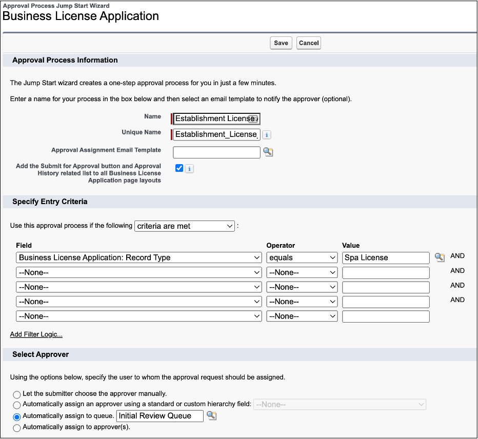 Add initial information to create an approval process.