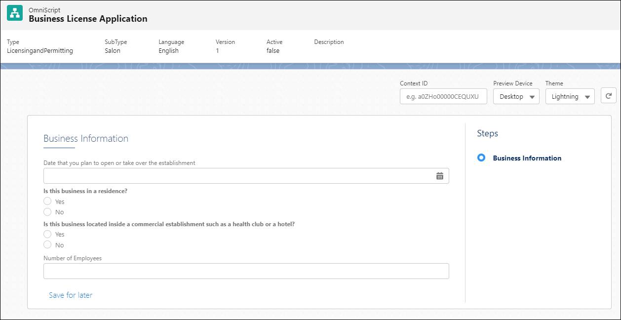 Business license application Omniscript form.