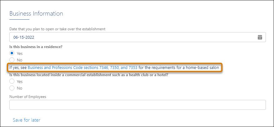 Dynamic form that updates to show the regulatory codes if a business is located in the applicant’s residence.